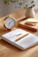 Time Management with Bullet Journal Layout. Elegant workspace featuring a clock, notebook titled "Time," and colorful sticky notes.
