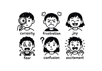 hand drawn cute doodle style line isolated on white background adolescence (emotions): curiosity frustration joy fear confusion excitement