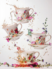Artistic splash of tea flying from glass cup, captured mid-air against clean white background with fluid motion.

