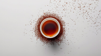 Minimal top view of loose tea and spices artistically scattered on white background, styled for natural wellness concepts.

