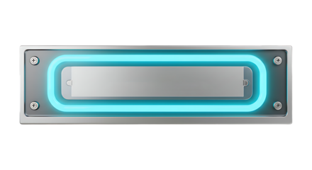 Sleek metallic panel with glowing cyan neon light and silver insert for modern tech interfaces