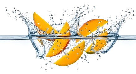 Mango slices splashing in water on white background