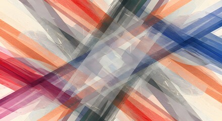 Abstract painting featuring overlapping brushstrokes in shades of red, orange, blue, grey, and purple creating a dynamic and textured pattern.
