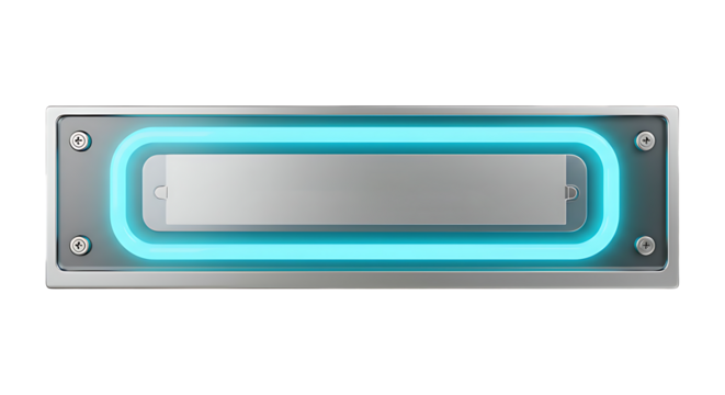 Sleek metallic panel with glowing cyan neon light and silver insert for modern tech interfaces