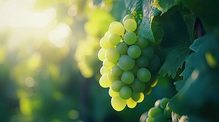 A cluster of green grapes hanging from the vine, their translucence enhanced by the soft sunlight. 