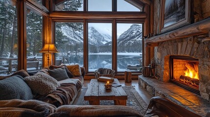 A cozy cabin interior with a fireplace, overlooking a snowy lake and mountains outside, evoking a rustic winter getaway. 