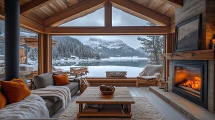 A cozy cabin interior with a fireplace, overlooking a snowy lake and mountains outside, evoking a rustic winter getaway. 