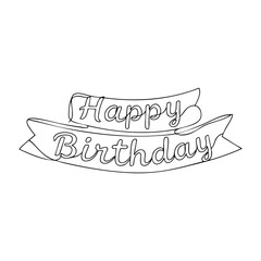 Vector line art of a ribbon banner with the text 'Happy Birthday', hand-drawn in decorative outline style