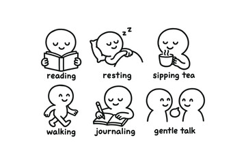hand drawn cute doodle style line isolated on white background contentment (activities): reading resting sipping tea walking journaling gentle talk