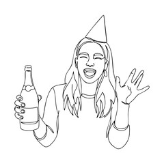 Vector line art of a joyful woman wearing a party hat and holding a bottle, celebrating with a big smile