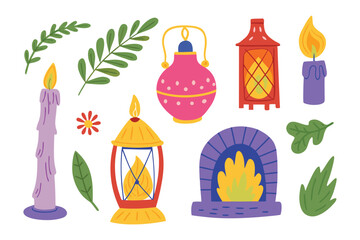 Illuminating Elements: A whimsical ensemble of candles, lanterns, and a fireplace, illustrated with vibrant colors and captivating details, offers a visual feast.