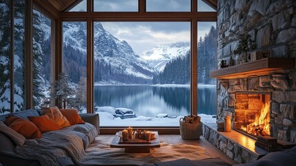 A cozy cabin interior with a fireplace, overlooking a snowy lake and mountains outside, evoking a rustic winter getaway. 