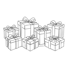 Vector line art of multiple wrapped gift boxes with bows, stacked together for a festive presentation