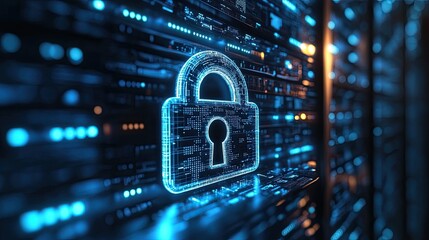 A cybersecurity lock in a digital server environment, symbolizing data protection and security. 