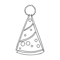 Vector line art of a festive party hat with pom-pom on top and polka dot decorations, outlined in a playful continuous line style for celebration designs