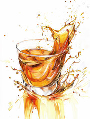 Artistic splash of tea flying from glass cup, captured mid-air against clean white background with fluid motion.

