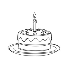 Vector line art of a small birthday cake with a single candle and round toppings on a plate