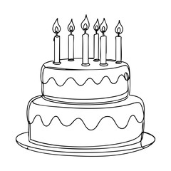 Vector line art of a layered birthday cake with seven lit candles and decorative frosting on a plate