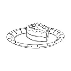 Vector line art of a slice of birthday cake on a decorated plate with frosting and layers