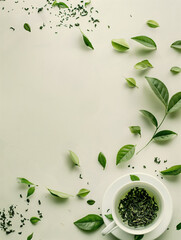 Top view of green tea leaves in white cup with scattered fresh leaves