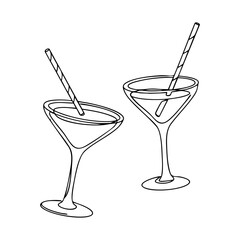 Vector line art of two cocktail glasses with straws, sketched in continuous line style, perfect for summer party, bar, and tropical drink illustrations