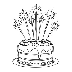 Vector line art of a festive birthday cake with sparklers and cherries on top, decorative frosting and plate