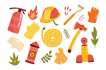 Fire Safety Elements Illustration: A colorful illustration features a set of essential fire safety items, including a fire extinguisher, helmet, hose, gloves, axe, and a hydrant.