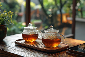 Glass teapot and two transparent cups filled with hot tea on a wooden tray, natural daylight background.

