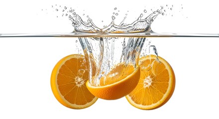 Oranges splashing in water on white background