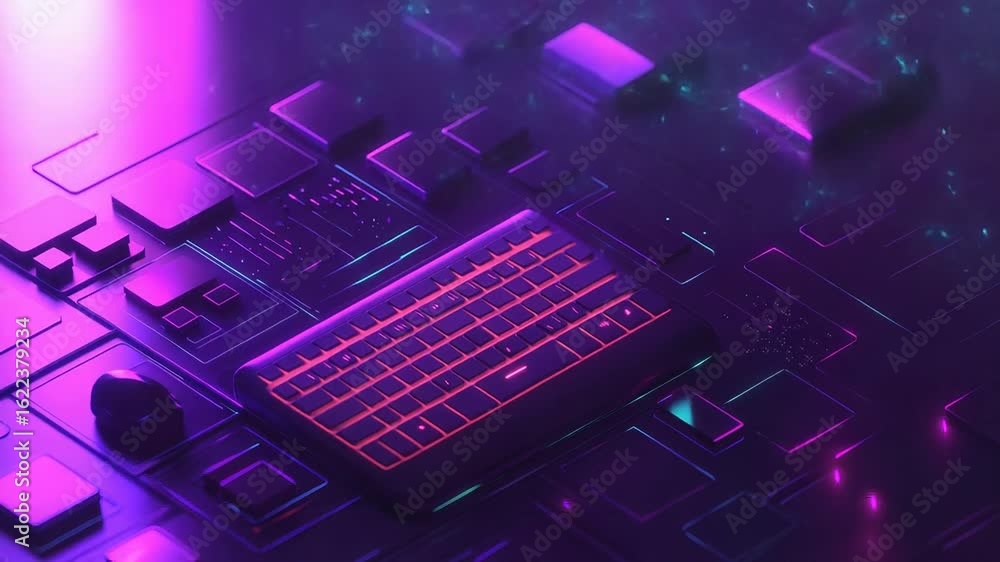 Poster futuristic keyboard resting on circuit board in neon light