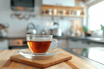 A clear glass cup filled with black tea sits on a kitchen counter, bathed in soft morning sunlight.