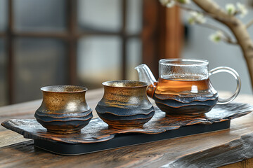 Glass teapot and two transparent cups filled with hot tea on a wooden tray, natural daylight background.


