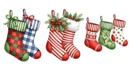 Christmas stockings watercolor illustration isolated on white background