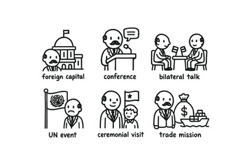 hand drawn cute doodle style line isolated on white background foreign ambassador (contexts): foreign capital conference bilateral talk UN event ceremonial visit trade mission