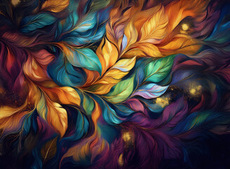 An artistic background of vibrant, abstract feather or leaf-like shapes in rich hues of gold, teal, purple, and orange creating a swirling, painterly design.
