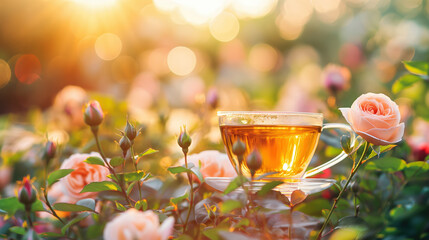 A clear glass cup of tea placed on a wooden surface with rose petals and blooming roses during golden sunset.

