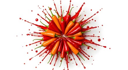 Red and orange chili peppers explosion on white background