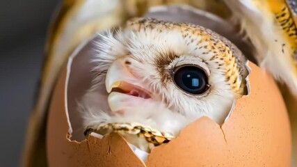 A close-up of a cute baby barn owl chick peeking out from inside its cracked eggshell after hatching - Powered by Adobe