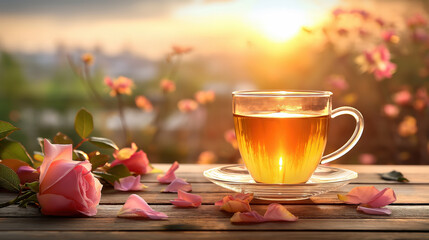 A clear glass cup of tea placed on a wooden surface with rose petals and blooming roses during golden sunset.

