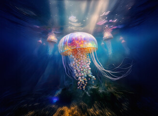 A vibrant jellyfish swims in the deep blue ocean, illuminated by sun rays from above against a dark background.