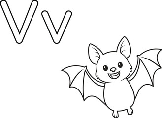 Alphabet coloring page letter V with vampire bat