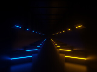 3D Yellow neon tunnel. Black background with yellow neon lights