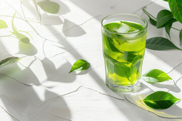 Chilled green tea in a glass with ice cubes and fresh tea leaves on marble surface.

