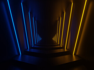 3D Yellow neon tunnel. Black background with yellow neon lights