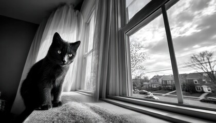 Black cat by window, monochrome view