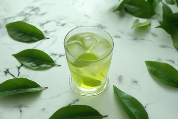 Chilled green tea in a glass with ice cubes and fresh tea leaves on marble surface.


