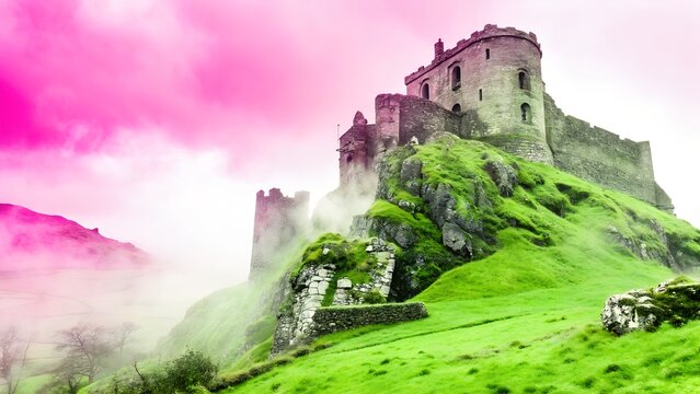 Dramatic castle perched atop a hill shrouded in mist and pink sky