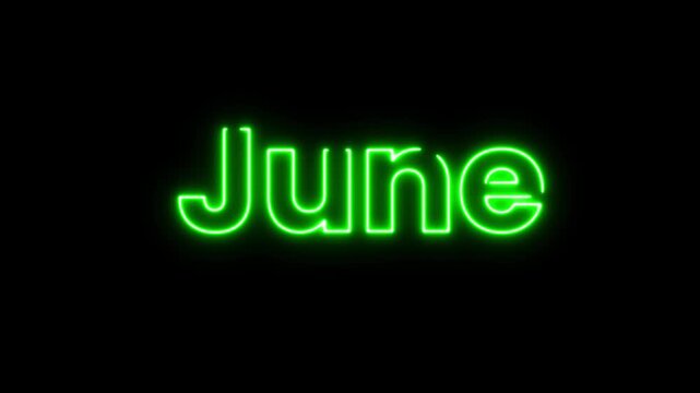 June, multicolor Neon Glow Sliding Text Animation on Black Background