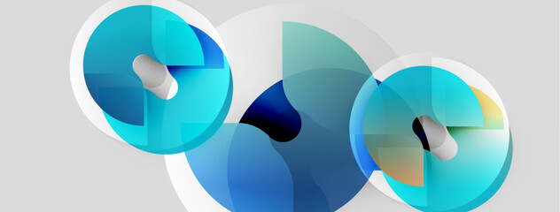Abstract shapes overlap, creating dynamic visual effect. Blue hues dominate, suggesting depth, movement, technology. Clean design.