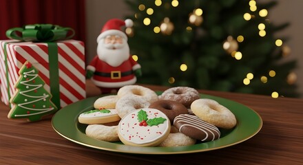 Christmas cookies and gifts with Santa Claus figurine and Christmas tree